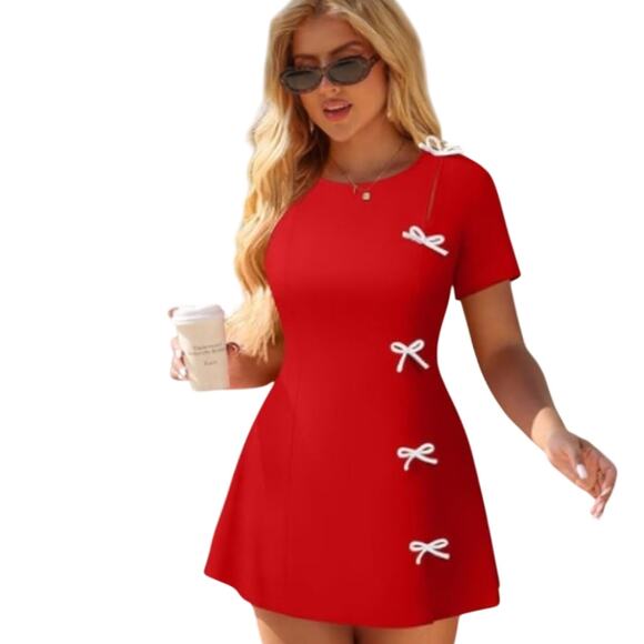 Red Mini Dress with White Bow Accents Size Small - Picture 1 of 9